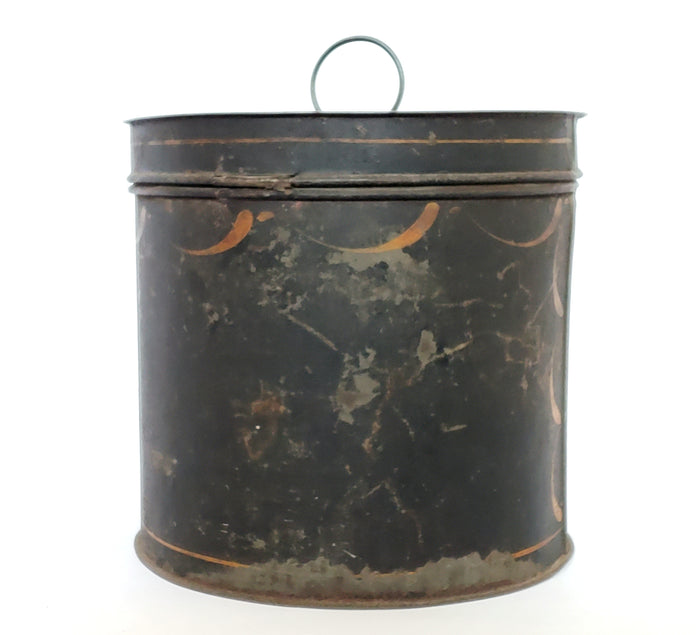 Antique Hand Painted Lidded Toleware Tin Canister 7 1/4"
