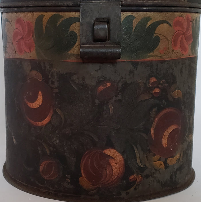 Antique Hand Painted Lidded Toleware Tin Canister 7 1/4"