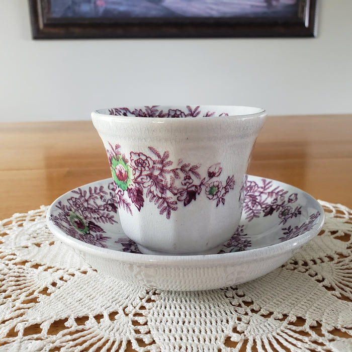 Antique Ironstone Purple Transferware Handleless Cup & Saucer John Wedgwood England