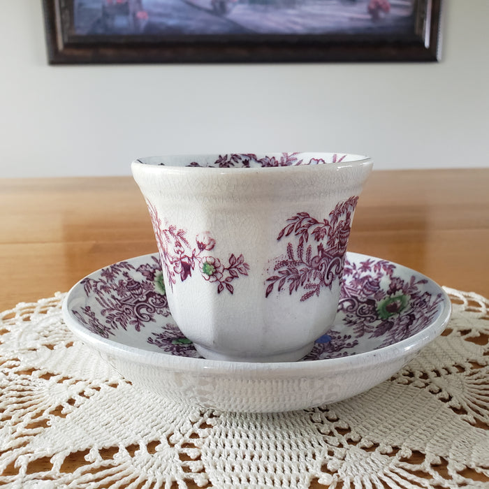 Antique Ironstone Purple Transferware Handleless Cup & Saucer John Wedgwood England