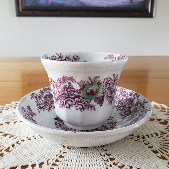 Antique Ironstone Purple Transferware Handleless Cup & Saucer John Wedgwood England
