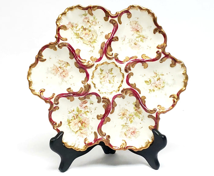 Antique Limoges France Porcelain Oyster Plate with Pink Roses