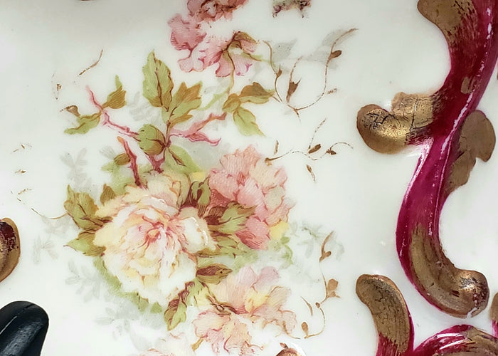 Antique Limoges France Porcelain Oyster Plate with Floral - Pink Roses