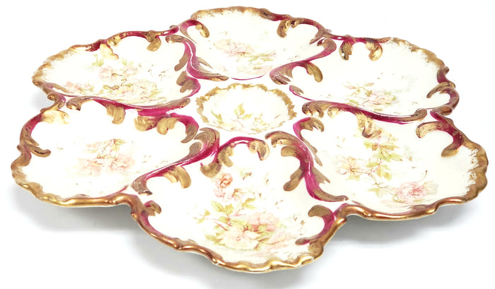 Antique Limoges France Porcelain Oyster Plate with Floral - Pink Roses