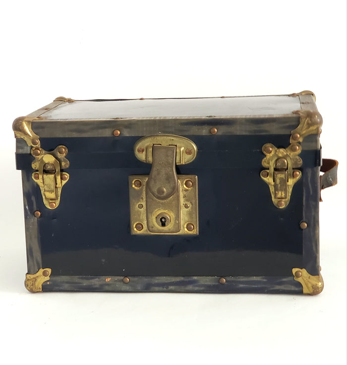Antique Miniature Salesman Sample Black Flat Top Trunk, Paper Lining, No Tray or Key