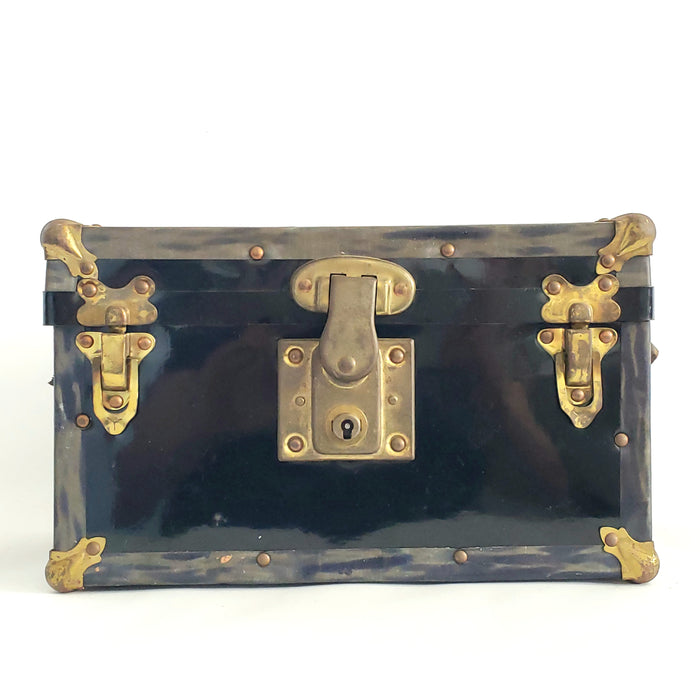Antique Miniature Salesman Sample Black Flat Top Trunk, Paper Lining, No Tray or Key