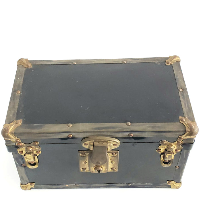 Antique Miniature Salesman Sample Black Flat Top Trunk, Paper Lining, No Tray or Key