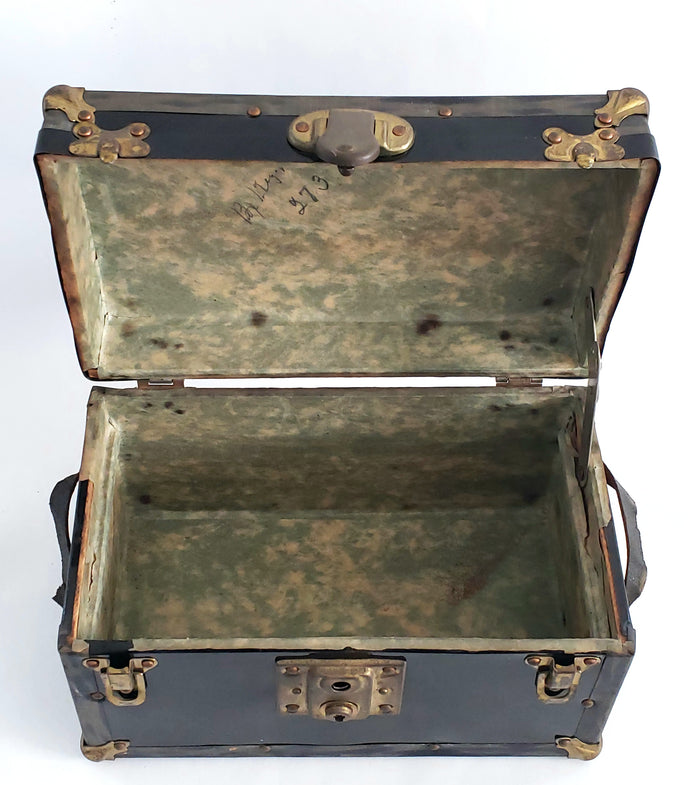 Antique Miniature Salesman Sample Black Flat Top Trunk, Paper Lining, No Tray or Key