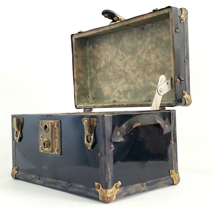 Antique Miniature Salesman Sample Black Flat Top Trunk, Paper Lining, No Tray or Key