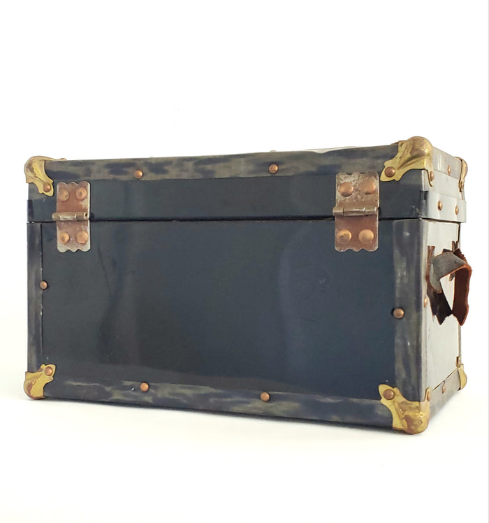 Antique Miniature Salesman Sample Black Flat Top Trunk, Paper Lining, No Tray or Key