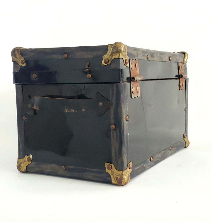 Antique Miniature Salesman Sample Black Flat Top Trunk, Paper Lining, No Tray or Key