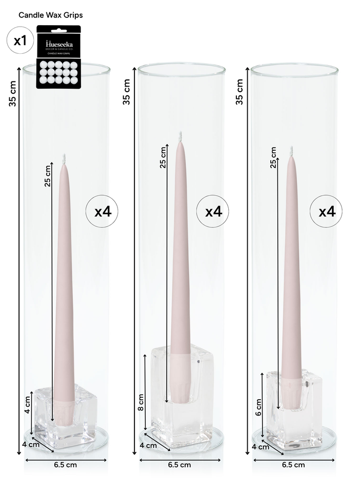 Antique Pink 25cm Taper Candles with Glass Holders and Sleeves Trio - Set of 4 Pack of  4