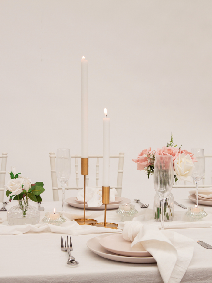 Antique Pink 30cm Dinner Candles with Gold Metal Holders Trio - Set of 4
