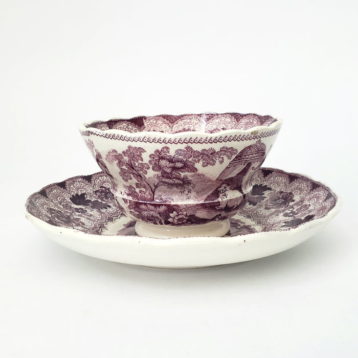 Antique Purple Transferware Handleless Cup & Saucer "The Pet" by Adams England