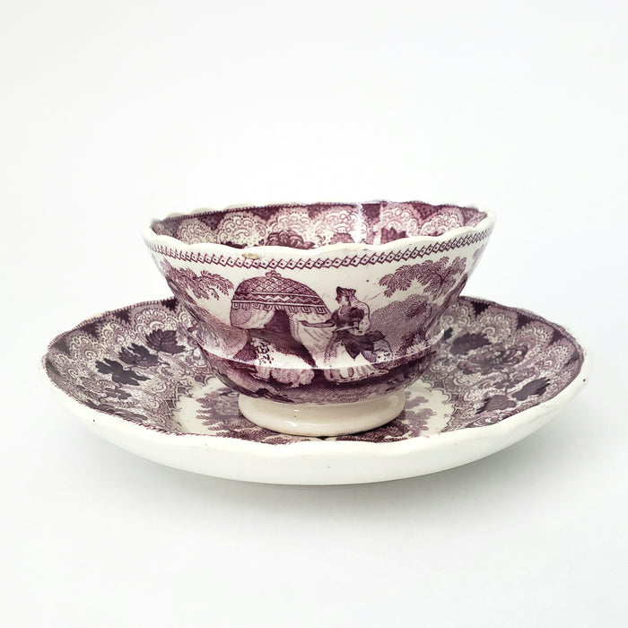 Antique Purple Transferware Handleless Cup & Saucer "The Pet" by Adams England