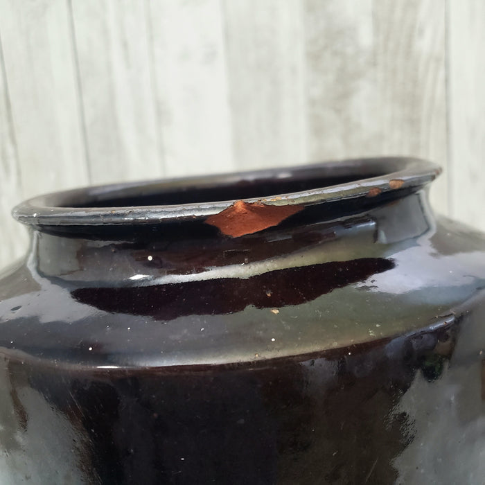 Antique Redware Dark Brown Glazed Storage Jar 9 3/4" Gallon
