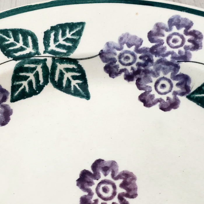 Antique Spongeware Plate 8 5/8" Purple Floral Green Leaves Kitchen Decor