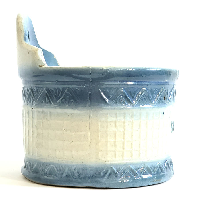 Antique Stoneware Salt Box, Round Blue and White Wall or Table Mount