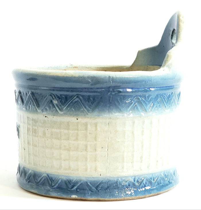 Antique Stoneware Salt Box, Round Blue and White Wall or Table Mount