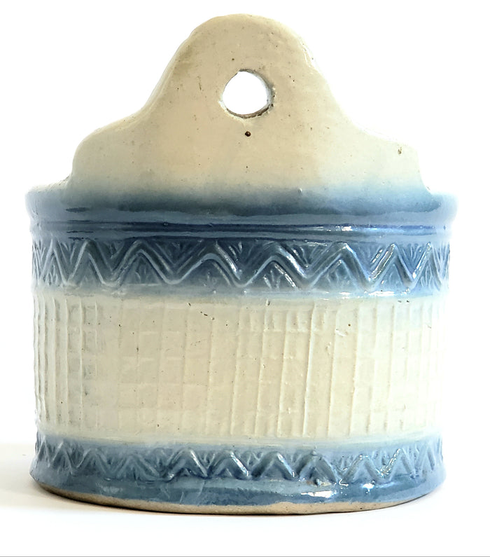 Antique Stoneware Salt Box, Round Blue and White Wall or Table Mount