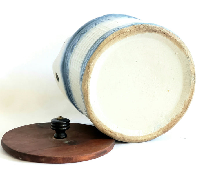 Antique Stoneware Salt Box, Round Blue and White Wall or Table Mount