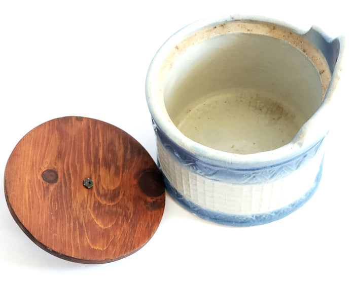 Antique Stoneware Salt Box, Round Blue and White Wall or Table Mount