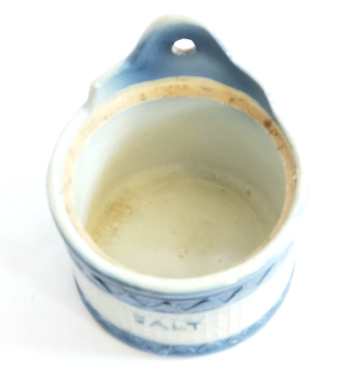 Antique Stoneware Salt Box, Round Blue and White Wall or Table Mount