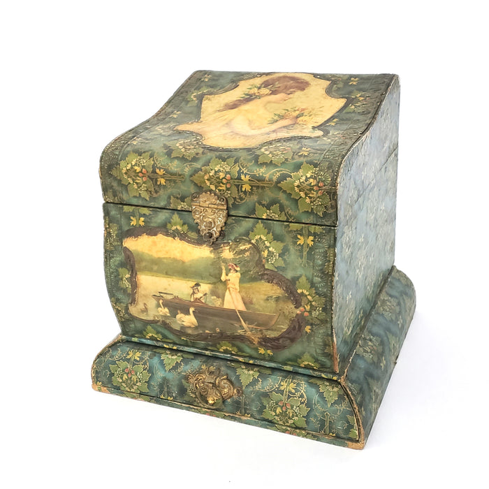 Antique Victorian Paper Decorated Collar and Cuff Box with Drawer