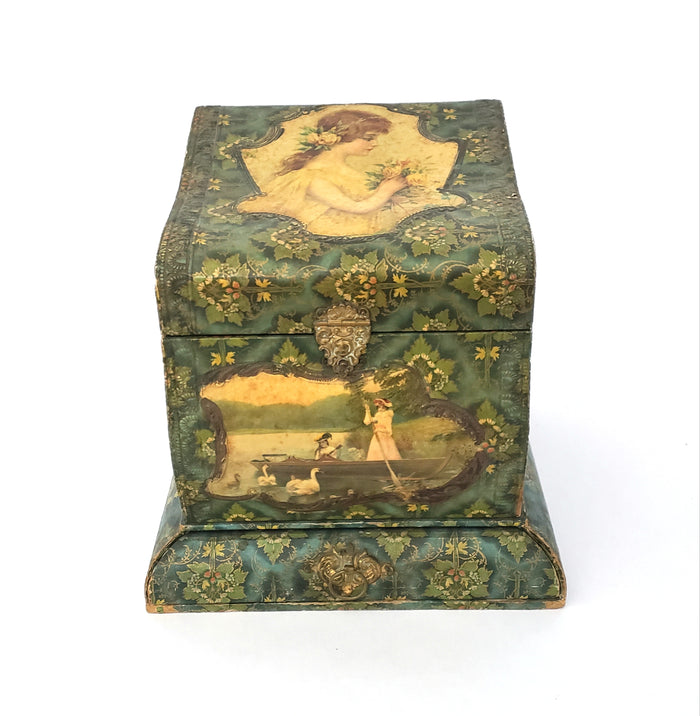 Antique Victorian Paper Decorated Collar and Cuff Box with Drawer
