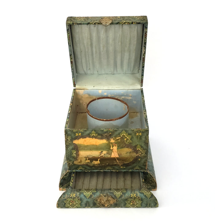 Antique Victorian Paper Decorated Collar and Cuff Box with Drawer