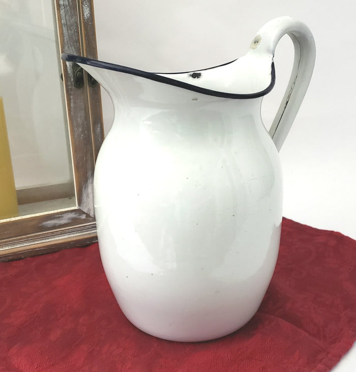 Antique White Enamelware Pitcher with Black Trim 9 1/2" Farmhouse Accent