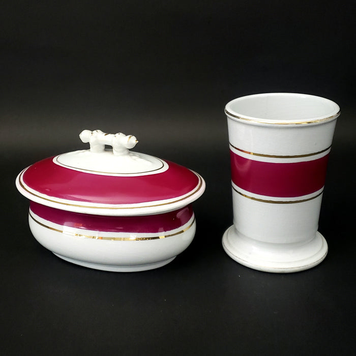Antique White Ironstone Oval Soap Dish and Toothbrush Holder Rose Band Willets Mfg.