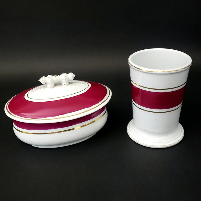 Antique White Ironstone Oval Soap Dish and Toothbrush Holder Rose Band Willets Mfg.