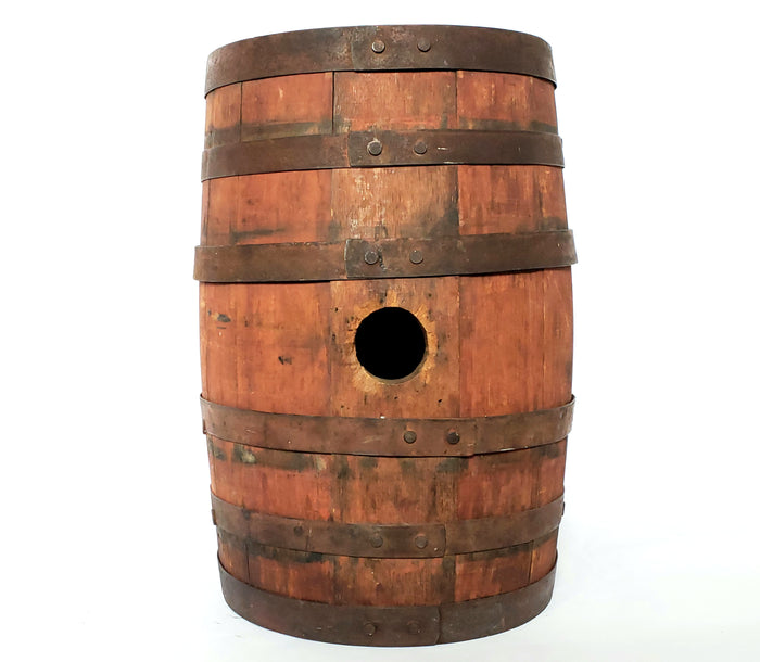 Antique Wooden Keg - Iron Banded Rundlet, Powder Keg, Barrel w/ Original Red Paint