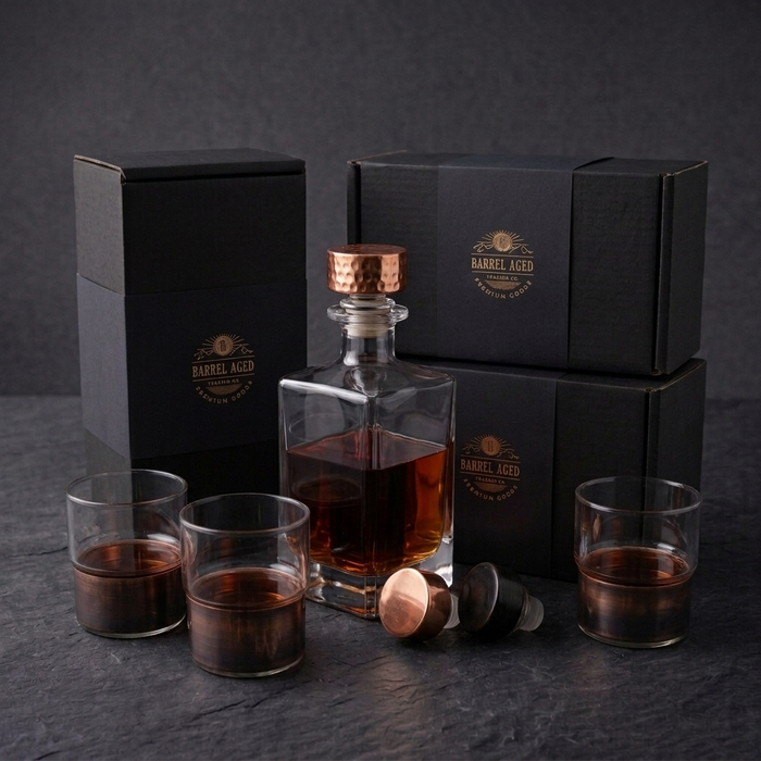 Barrel Aged Trading Co. Signature Whiskey Decanter Gift Set with 4 Glasses
