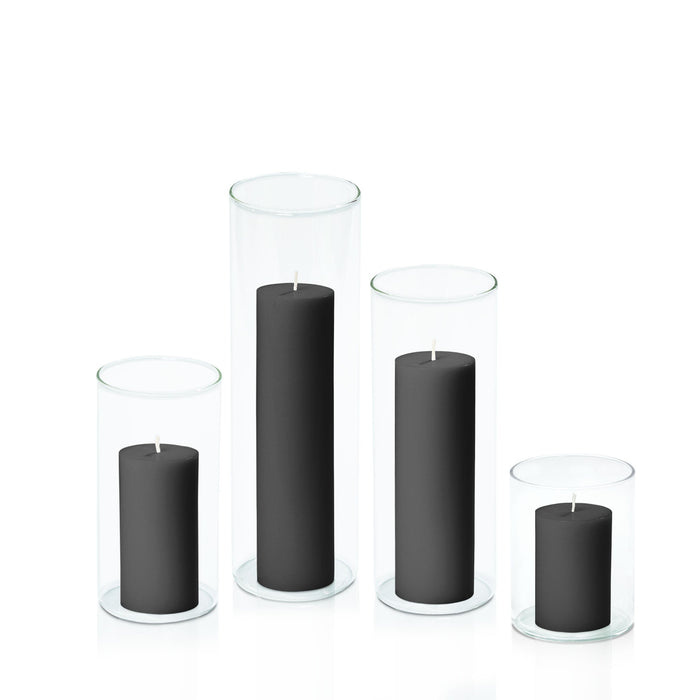 Black 5cm Pillar in 8cm Glass, Sm - Set of 6