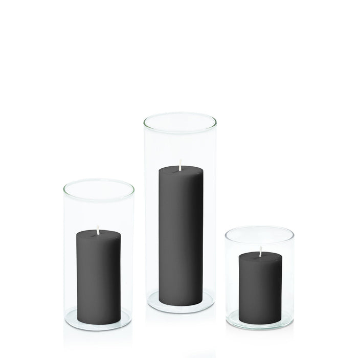 Black 5cm Pillar in 8cm Glass, Sm - Set of 6