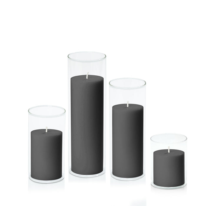 Black 7cm Pillar in 8cm Glass, Sm - Set of 6
