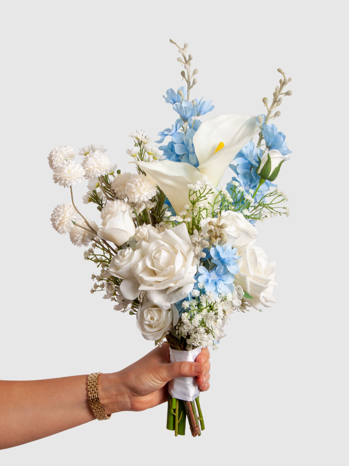 Blue Delphinium & White Rose Wedding Bouquet
