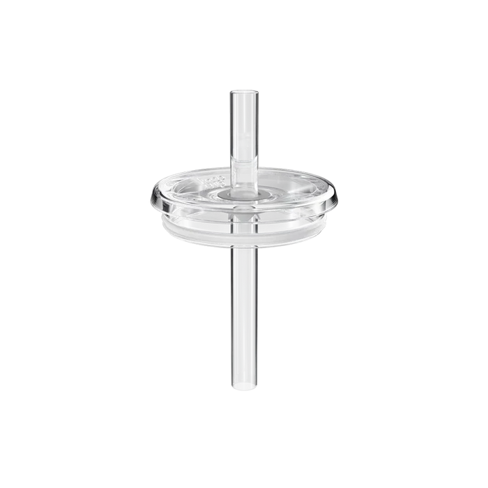 KeepCup Boba Straw Lid for M 12oz Glass Cup, shown from a front angle against a white background. The clear lid features a central straw hole with an attached transparent straw extending above and below the disc-shaped lid.