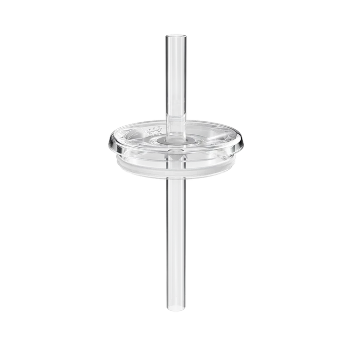 Clear glass Boba Straw Lid for L 16oz KeepCup, shown from a front-on angle displaying the transparent circular lid with an integrated wide plastic straw passing through the centre.