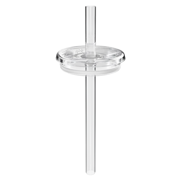 Clear Straw Lid shown from a side angle, featuring a transparent circular lid with an integrated reusable straw extending above and below the lid.