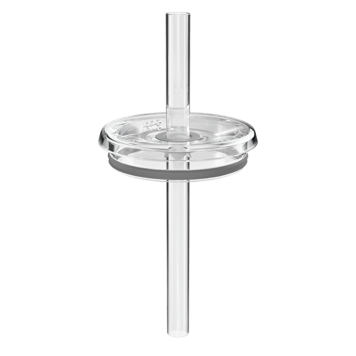 Clear Boba Straw Lid for L 16oz Steel Cup shown from a straight-on angle, featuring a transparent plastic lid with grey silicone seal and a clear reusable straw passing through the centre.
