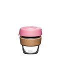 KeepCup Brew Cork XS 6oz in Saskatoon, featuring a clear tempered glass cup with a natural cork band and dusty pink lid with a light pink plug, shown against a white background.