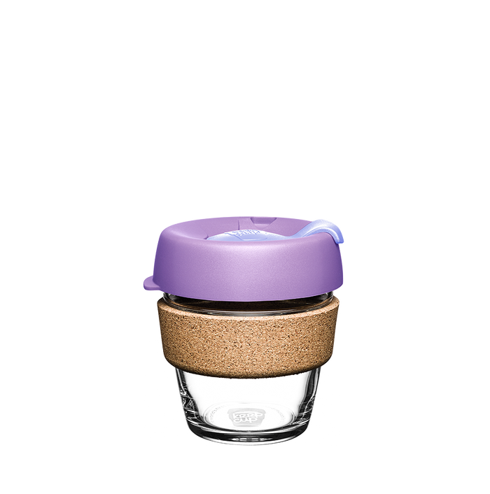 KeepCup Brew Cork XS in Moonlight colour, featuring a clear glass cup with natural cork band and lavender purple lid with sip hole closure, shown against a white background.