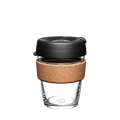KeepCup Brew Cork M 12oz in Black, featuring a clear tempered glass cup with natural cork band and black press-fit lid with sipper, photographed front-on against a white background.