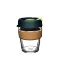 KeepCup Brew Cork M 12oz in Deep, featuring a clear glass cup with natural cork band, dark charcoal lid and bright green plug, shown against a white background.