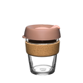 KeepCup Brew Cork M 12oz in Frappe, featuring a clear tempered glass cup with natural cork band and dusty pink silicone lid with sipper, shown from a front angle against a white background.