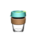 KeepCup Brew Cork M 12oz in Matcha, featuring a clear glass cup with natural cork band and teal silicone lid with lime green plug, shown against a white background.