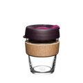 KeepCup Brew Cork M 12oz in Nutmeg, featuring a clear tempered glass cup with natural cork band and dark plum-coloured lid with pink sipper plug, shown against a plain white background.
